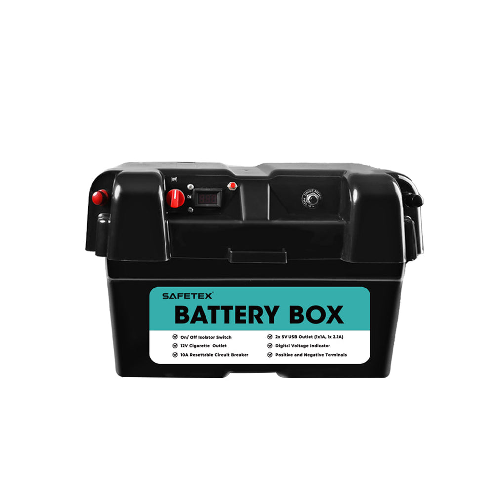 Safetex 12V AGM Battery Box USB Port Solar Caravan Camping 4WD Off-grid Charge