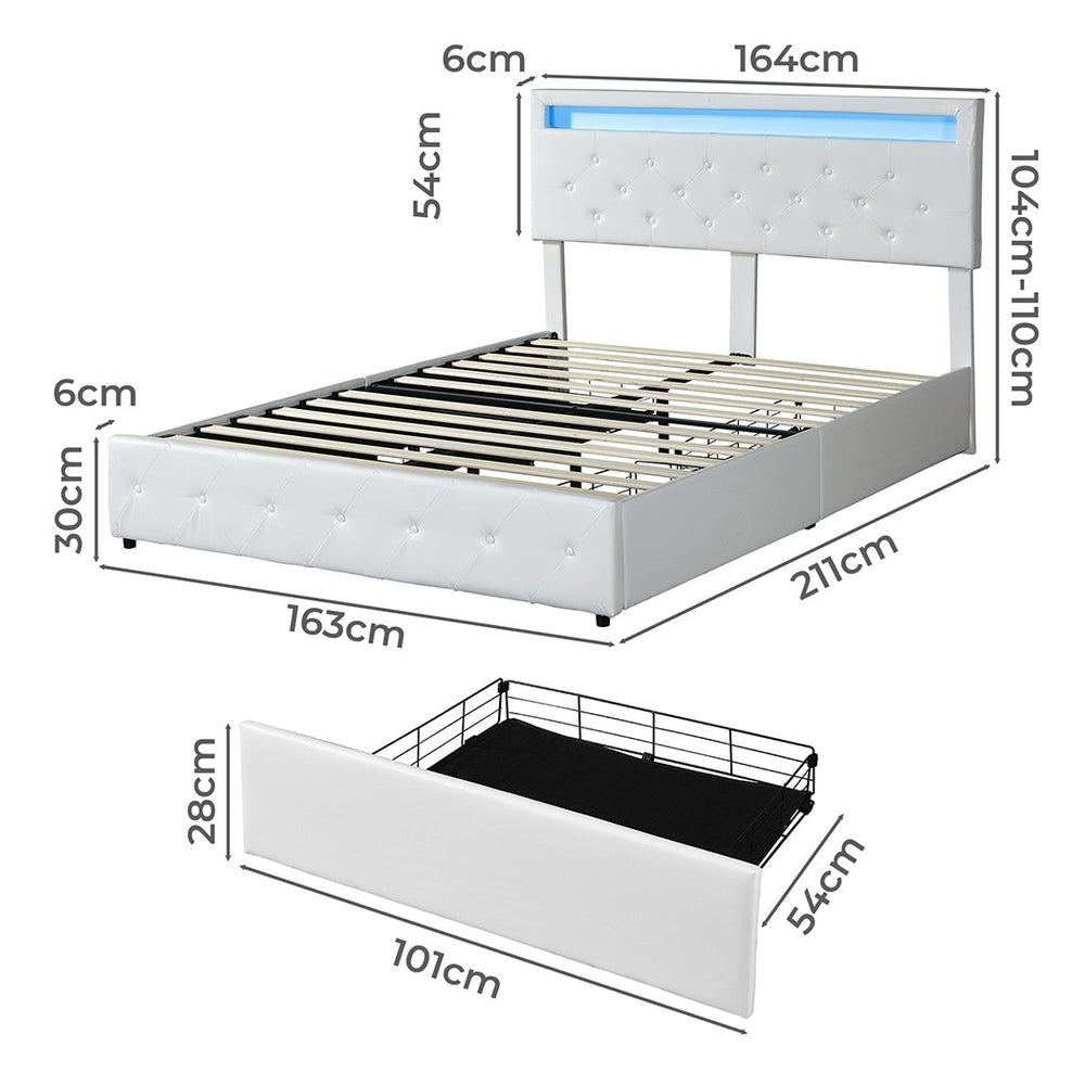 Levede Queen Bed Frame RGB LED PU Leather Mattress Base 4 Drawer USB Charge