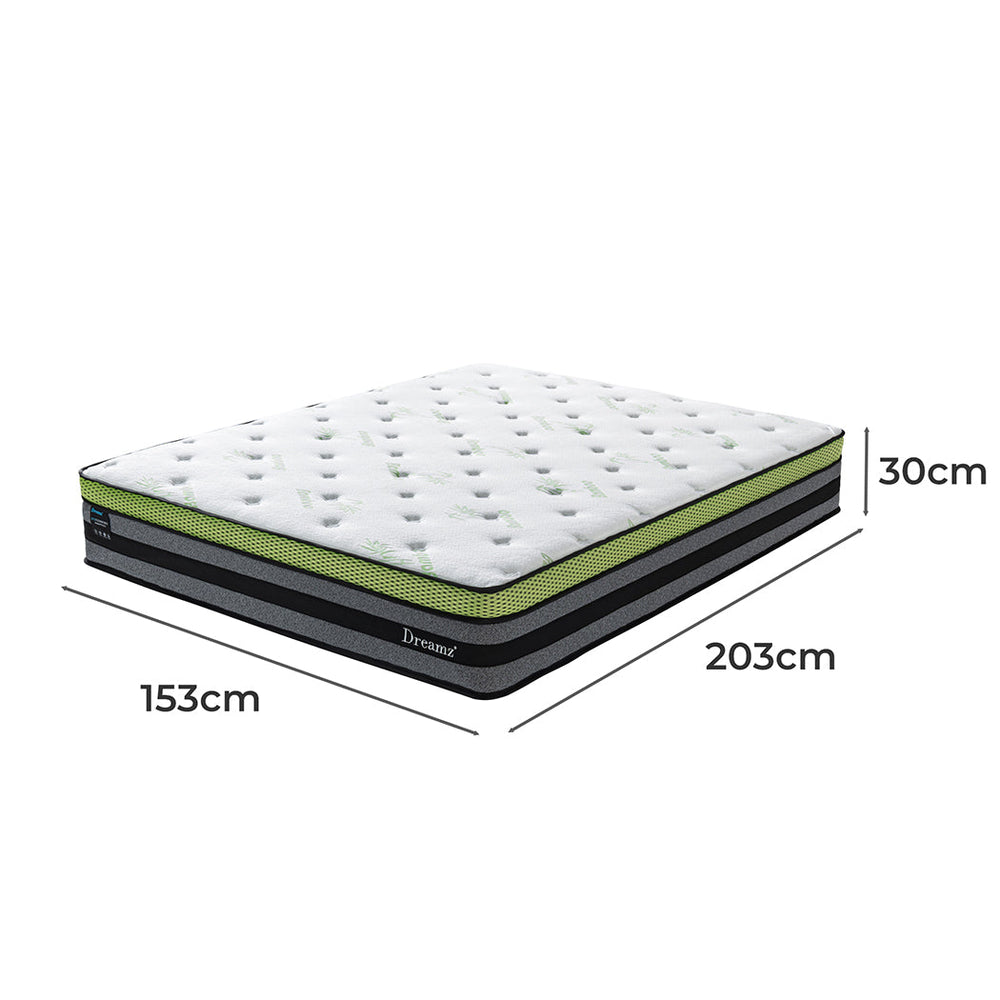 Dreamz Queen Cooling Mattress Pocket Spring Euro Top Bed Foam 7 Zone 30cm
