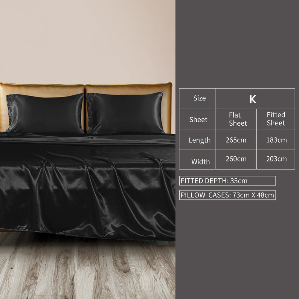 Dreamz Silky Satin Sheets Fitted Flat Bed Sheet Pillowcases Summer King Black