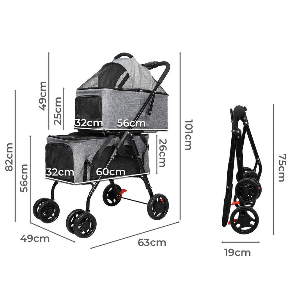Pawz 2-tier Pet Stroller Double Dog Pram Cat Carrier Travel Pushchair Foldable