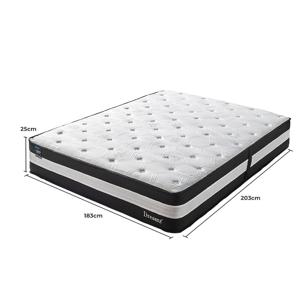 Dreamz King Cooling Mattress Pocket Spring Euro Top Bed Foam 5 Zone 25cm