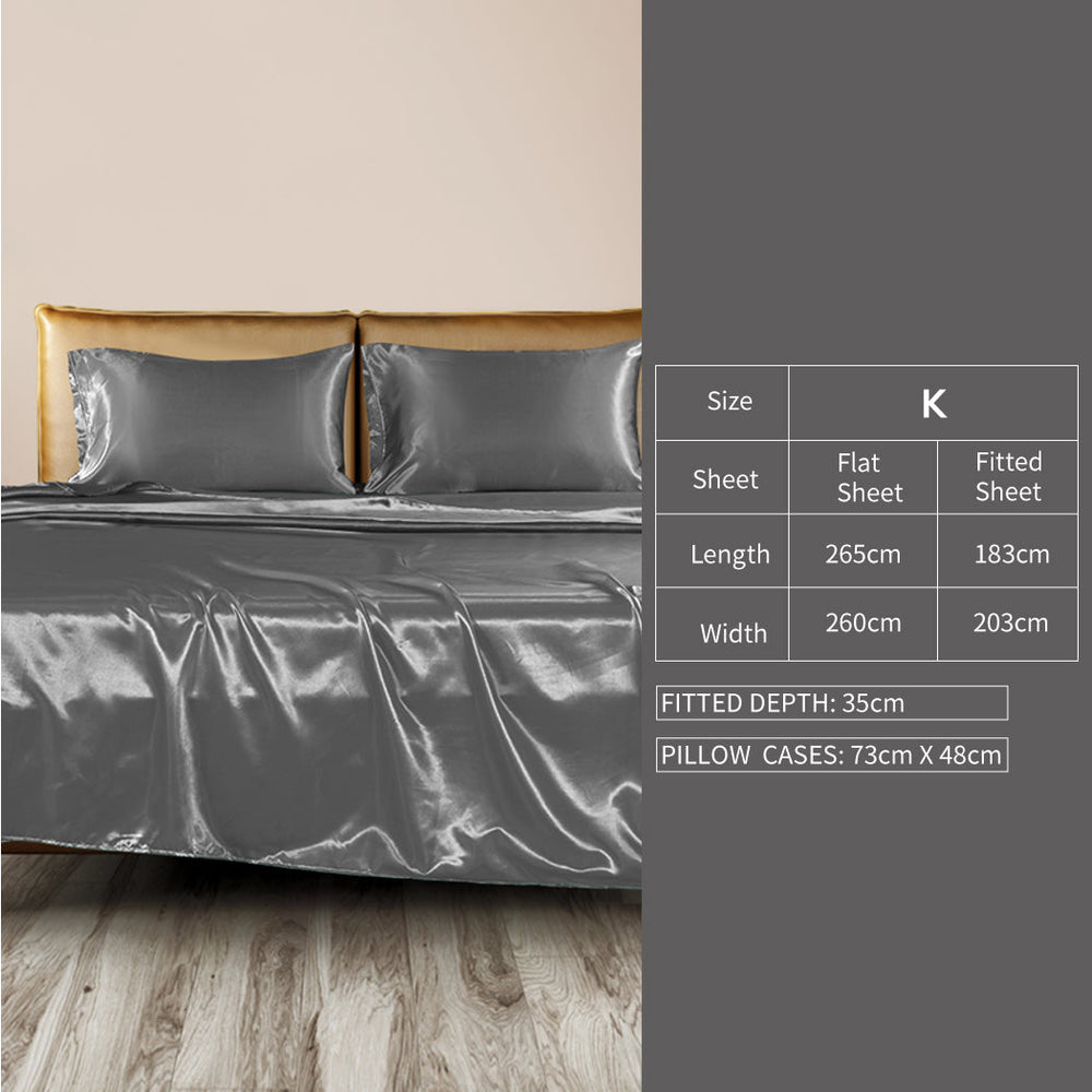 Dreamz Silky Satin Sheets Fitted Flat Bed Sheet Pillowcases Summer King Grey