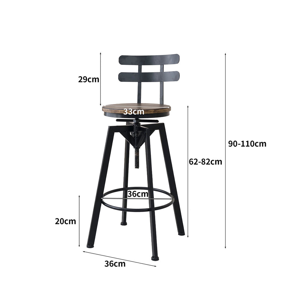 Levede 1x Bar Stool Industrial Adjustable Swivel Stools Back Wood Counter Chairs