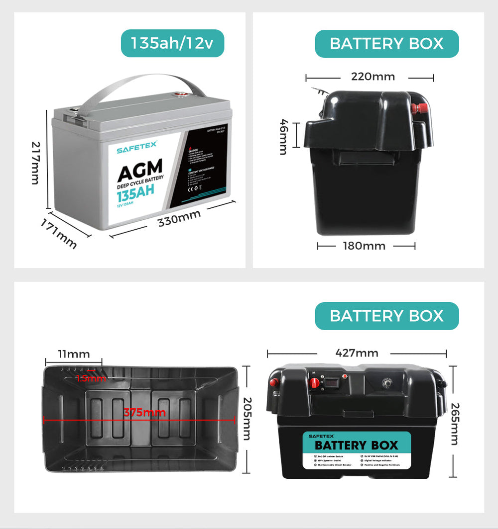 12V 135Ah AGM Battery Outdoor Rv Marine 4WD Deep Cycle &amp; W/ Strap Battery Box