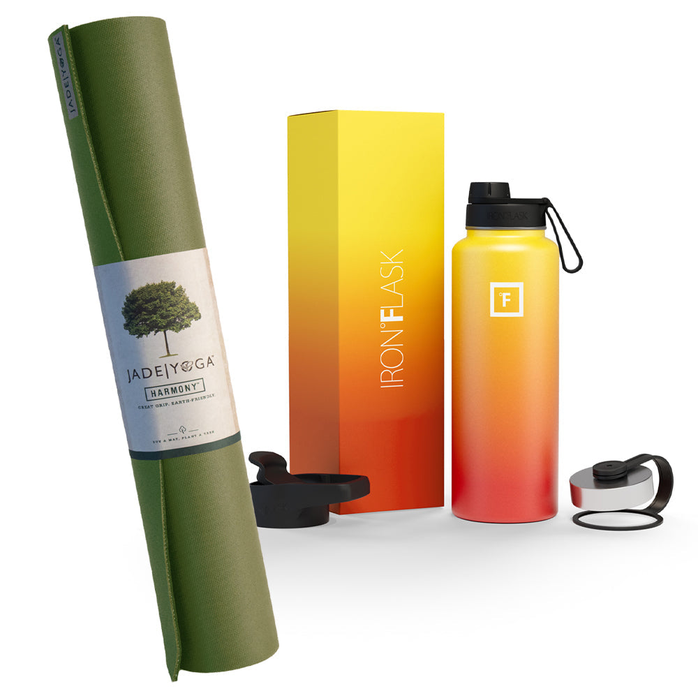 Jade Yoga Harmony Mat - Olive &amp; Iron Flask Wide Mouth Bottle with Spout Lid, Fire, 32oz/950ml Bundle