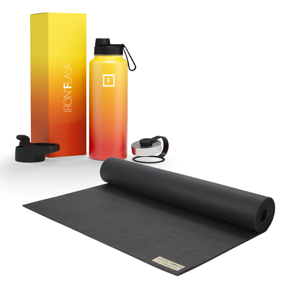 Jade Yoga Voyager Mat - Black &amp; Iron Flask Wide Mouth Bottle with Spout Lid, Fire, 32oz/950ml Bundle