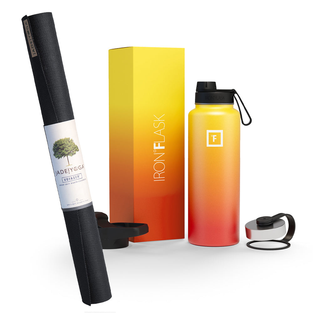 Jade Yoga Voyager Mat - Black &amp; Iron Flask Wide Mouth Bottle with Spout Lid, Fire, 32oz/950ml Bundle