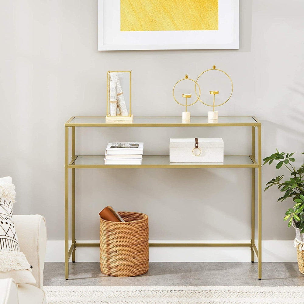 VASAGLE Entry Hall Display Shelf with Tempered Glass Top Console Table - Gold