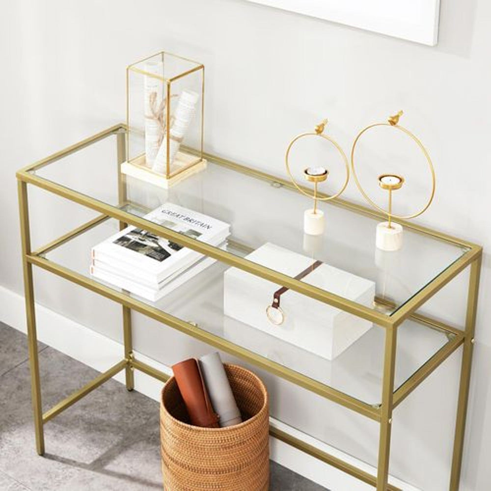 VASAGLE Entry Hall Display Shelf with Tempered Glass Top Console Table - Gold