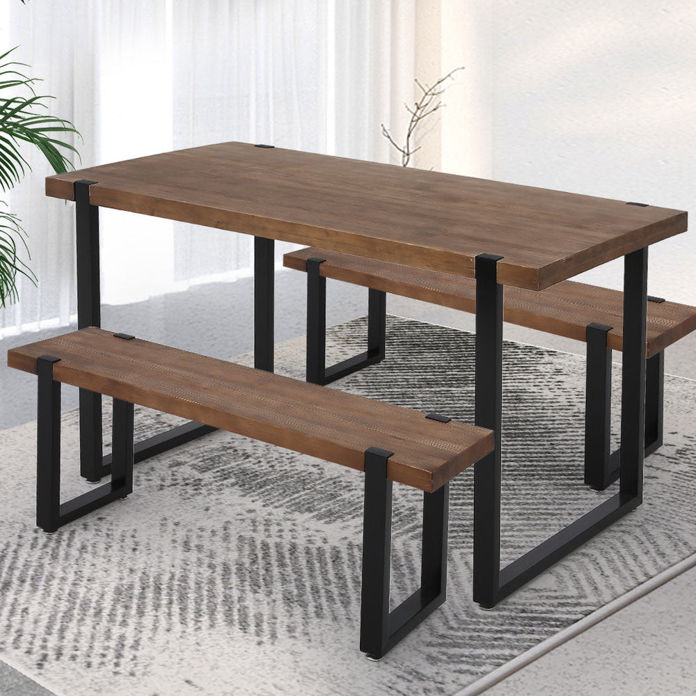 Levede Wooden Dining Sets 1XTable+2X Bench Chair Metal Industrial Restaurant