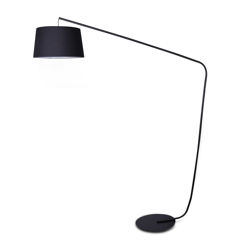 Sarantino Metal Arc Floor Lamp in Black Finish Linen Taper Shade