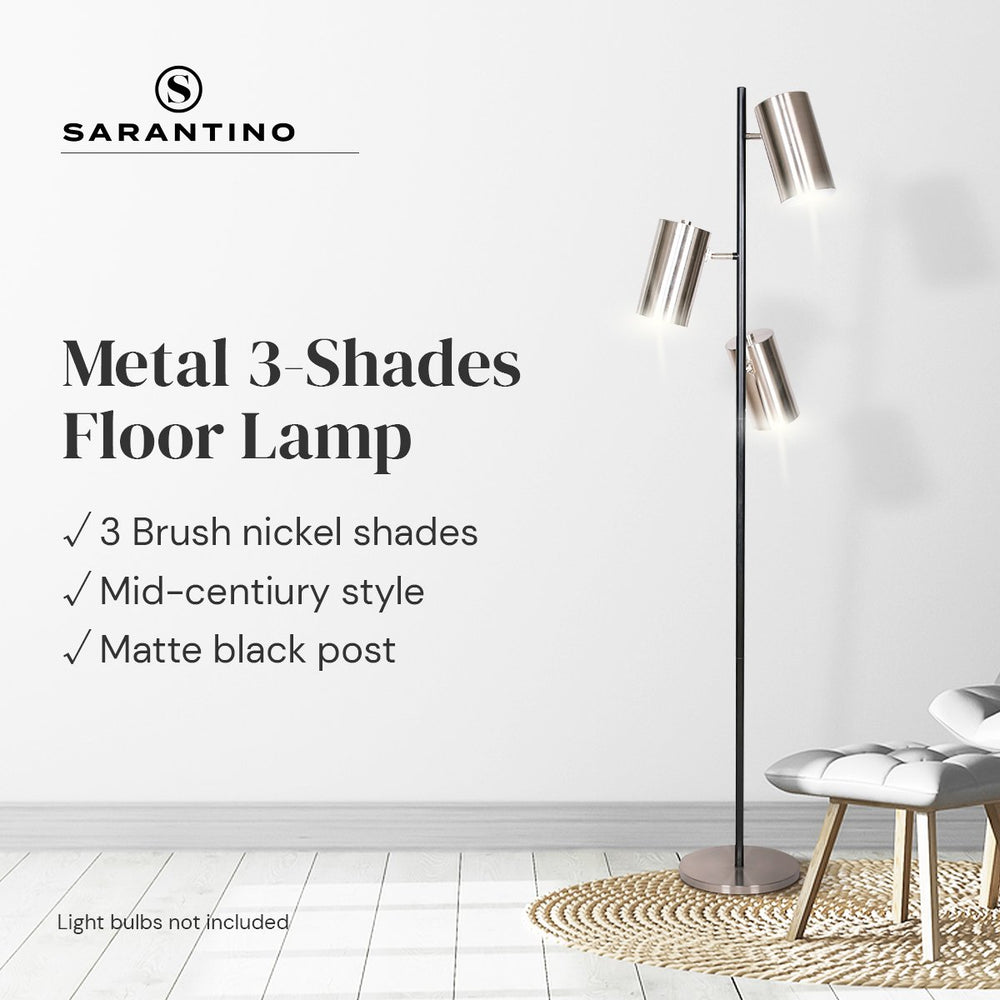 Sarantino Metal floor lamp with 3 metal shade in nickel &amp; black finish