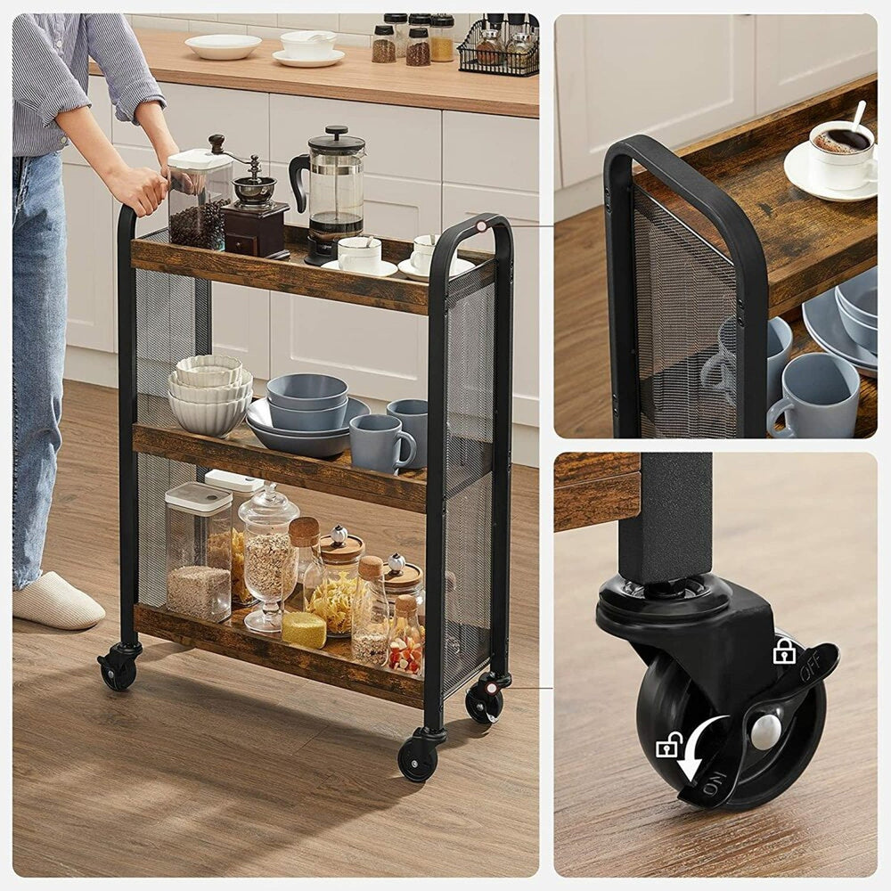 VASAGLE Microwave Stand Kitchen Storage Trolley with Universal Castors Utility Cart - Rustic Brown