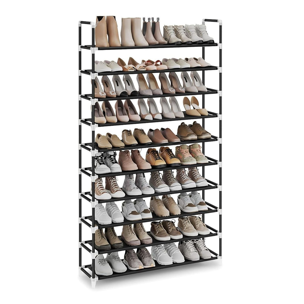 SONGMICS 10 Tier Metal Shoe Rack for 50 Pairs Non-Woven Fabric Shelves Black