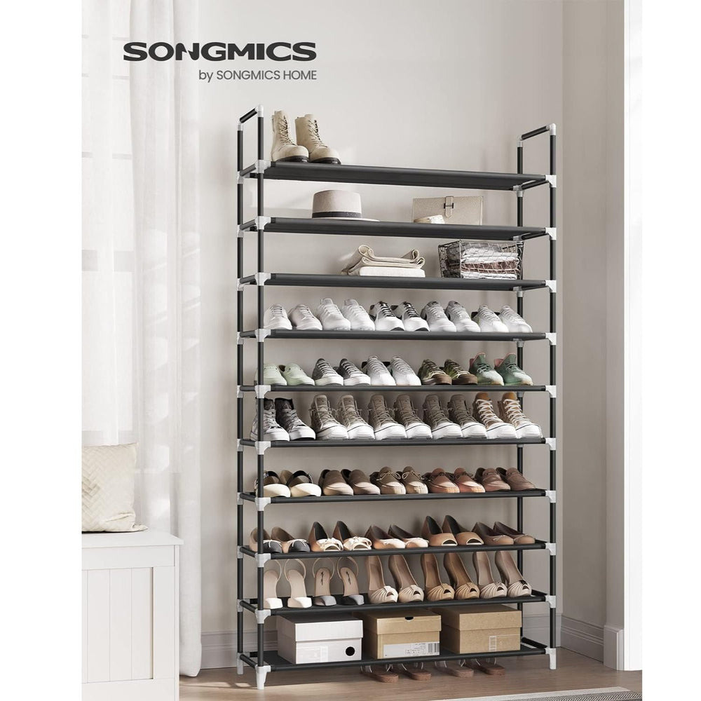 SONGMICS 10 Tier Metal Shoe Rack for 50 Pairs Non-Woven Fabric Shelves Black