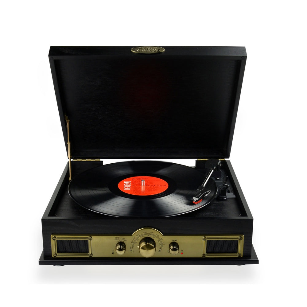 Vintage Wood USB Turntable with Radio Tuner and Bluetooth Receiver
