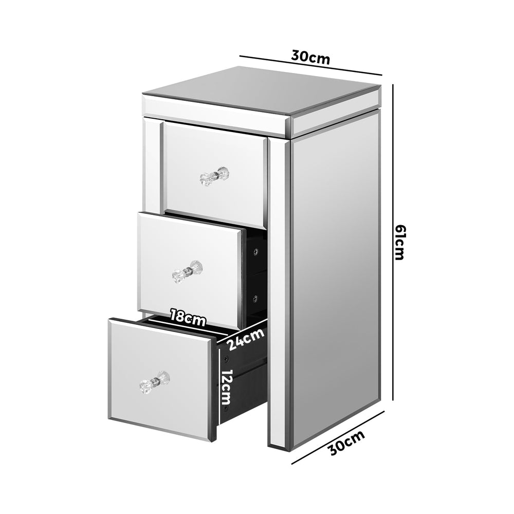 Oikiture Bedside Table 3 Drawers Side Table Nightstand Mirrored Storage Cabinet