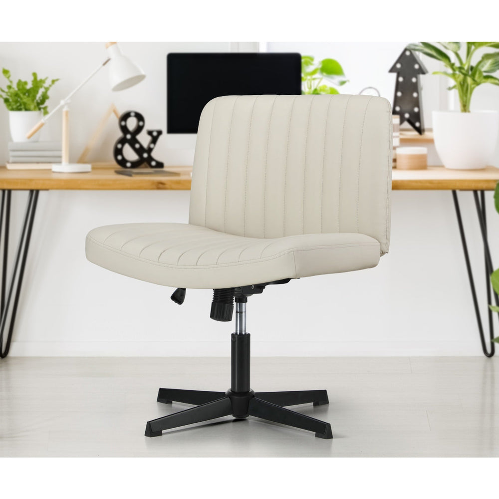 Oikiture Mid Back Armless Office Desk Chair Wide Seat PU Leather Beige