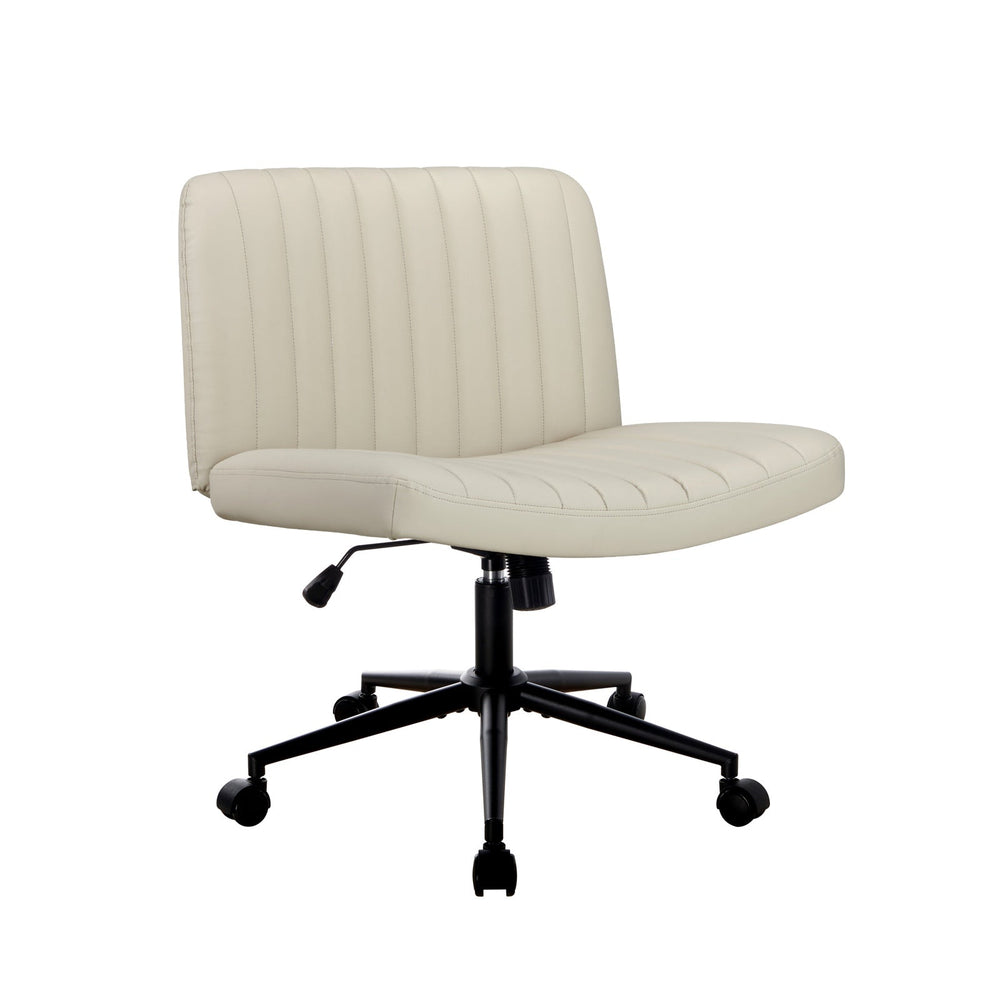 Oikiture Mid Back Armless Office Desk Chair Wide Seat with Wheels Leather Beige