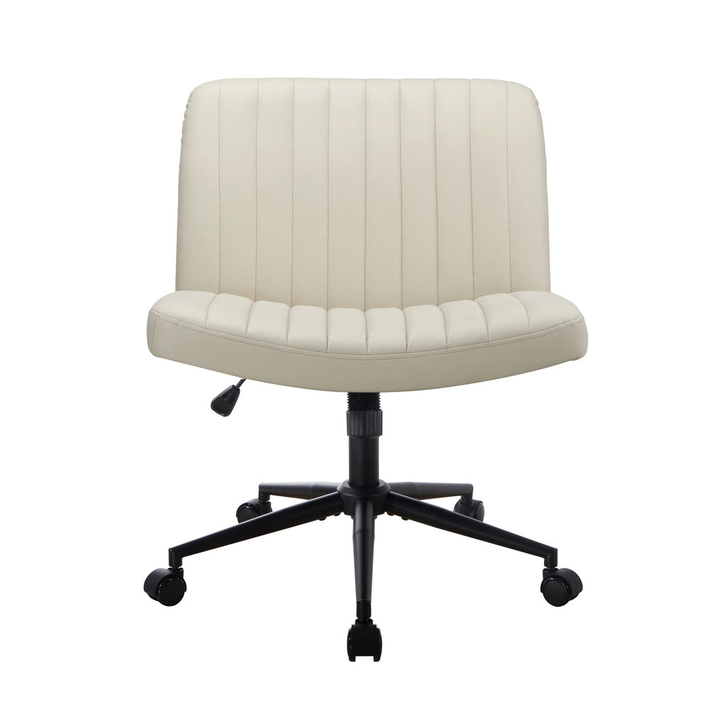 Oikiture Mid Back Armless Office Desk Chair Wide Seat with Wheels Leather Beige