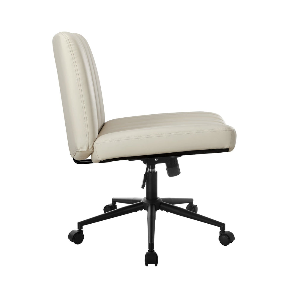 Oikiture Mid Back Armless Office Desk Chair Wide Seat with Wheels Leather Beige