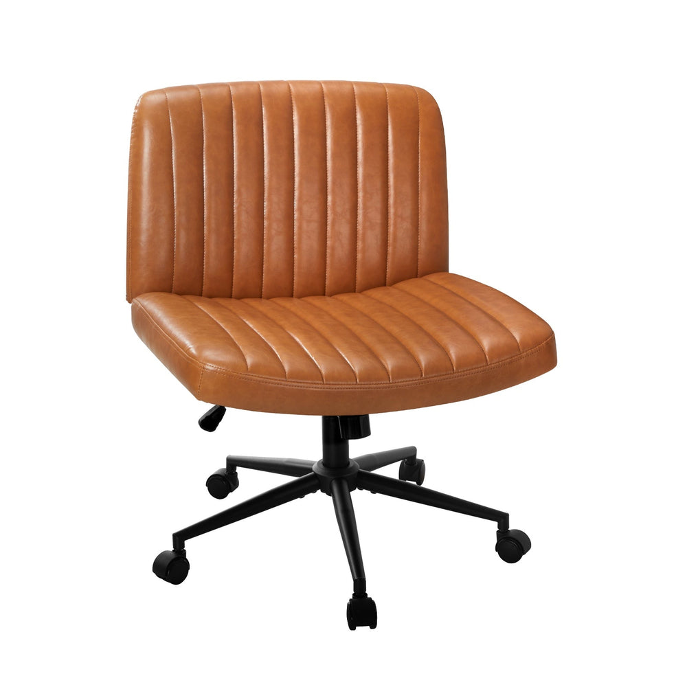 Oikiture Mid Back Armless Office Desk Chair Wide Seat with Wheels Leather Brown
