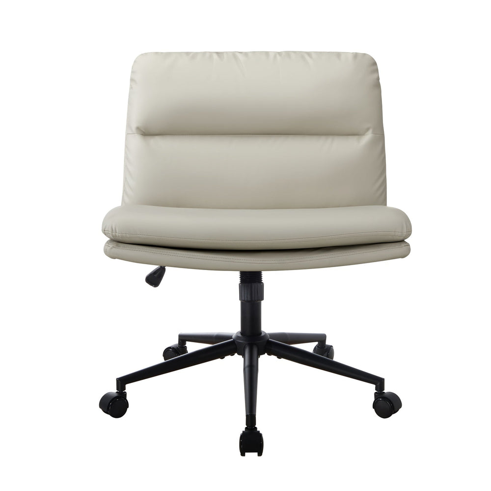Oikiture Mid Back Armless Office Desk Chair Wide Seat Leather Beige with Wheels
