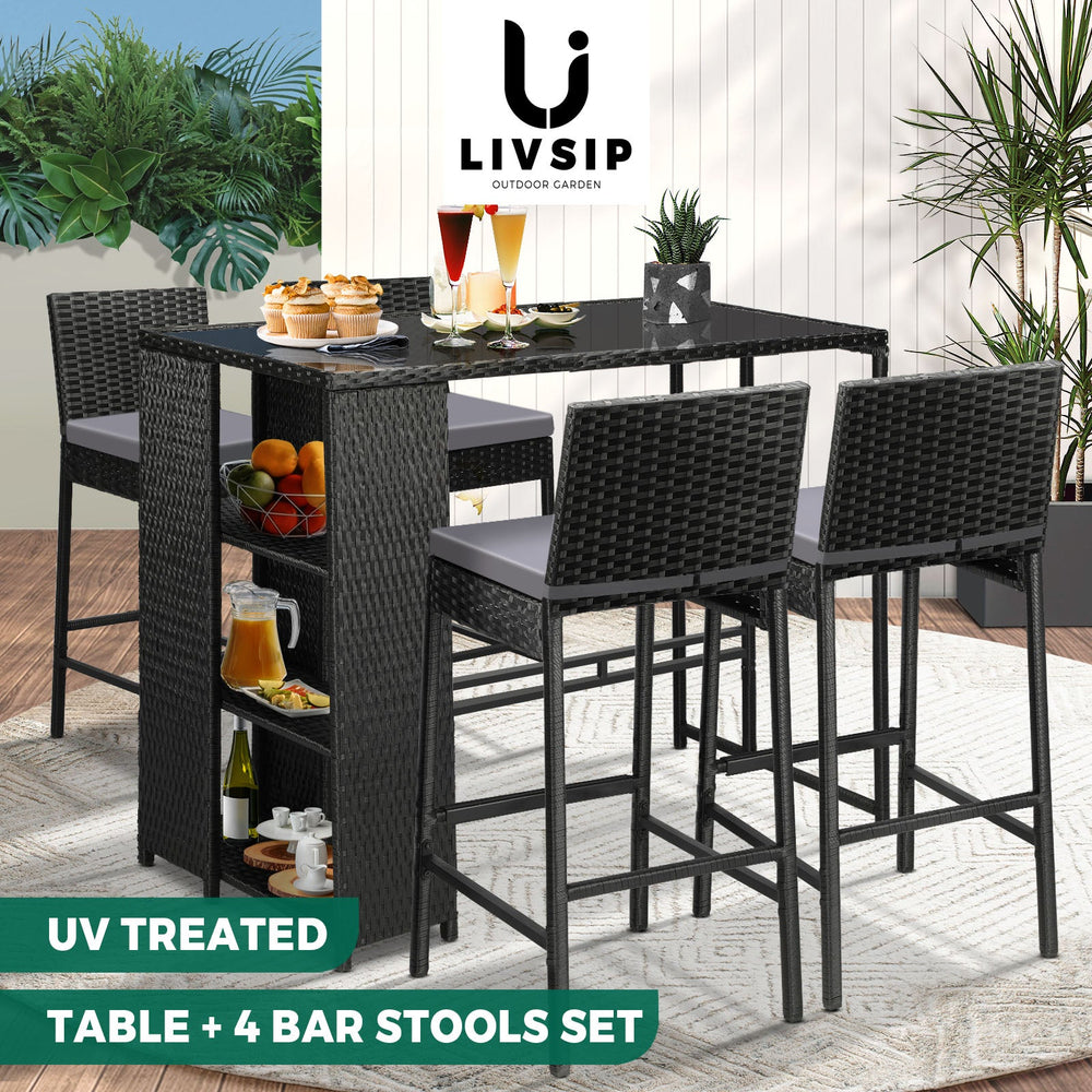 Livsip Outdoor Dining Set Patio Furniture Rattan Bar Table Chairs Bar Stools Set