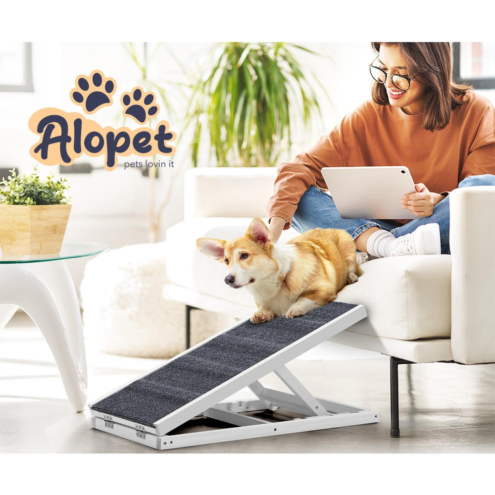 Alopet Dog Pet Ramp Adjustable Height Stairs Bed Sofa Car Foldable 70cm White