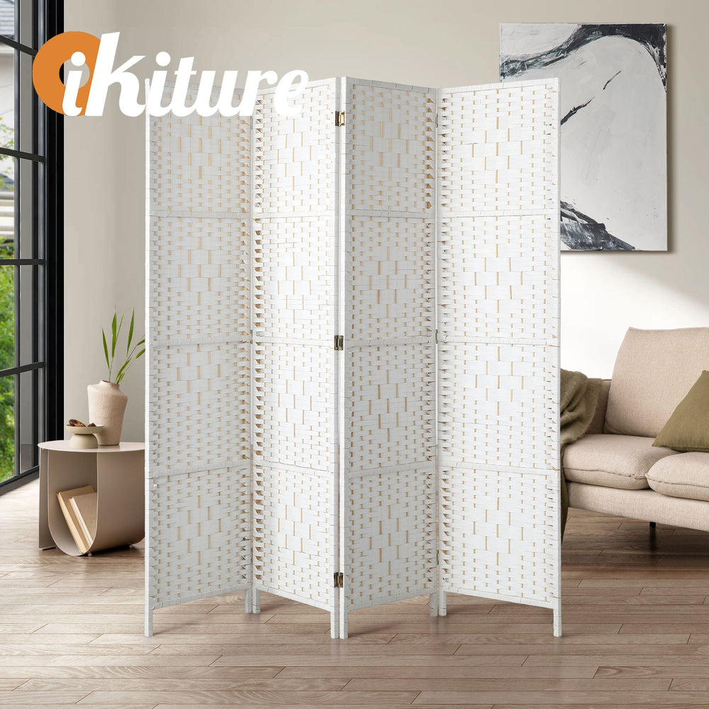 Oikiture 4 Panel Room Divider Screen Privacy Dividers Woven Wood Folding White