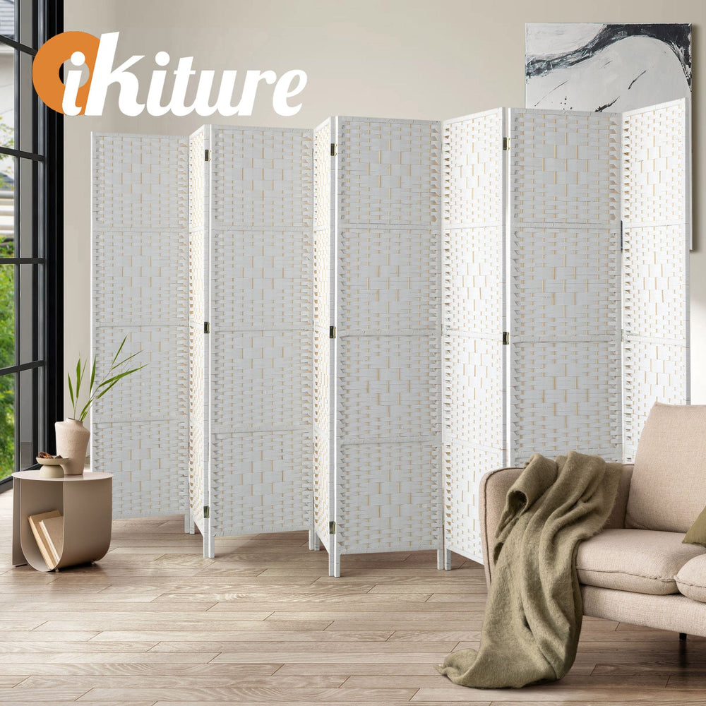 Oikiture 8 Panel Room Divider Screen Privacy Dividers Woven Wood Folding White