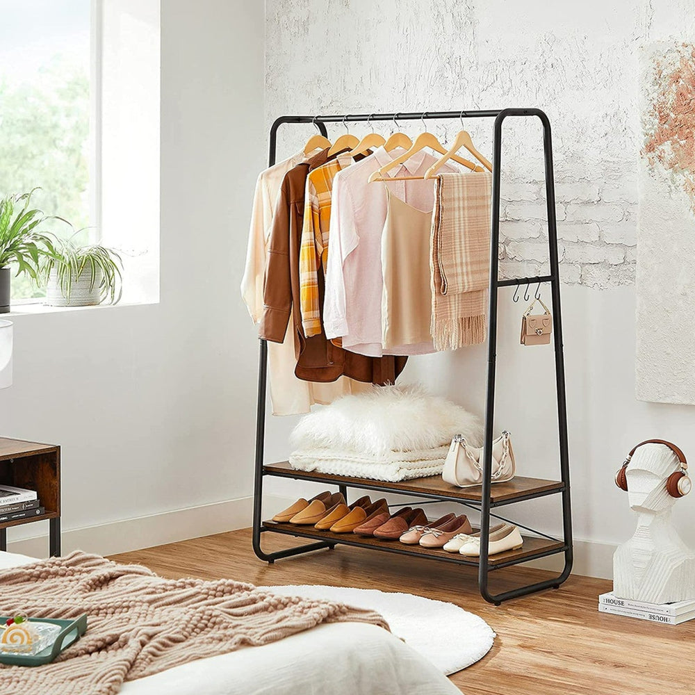 VASAGLE Open Wardrobe Garment Coat Hanger with Shelves Clothes Rack - Rustic Brown
