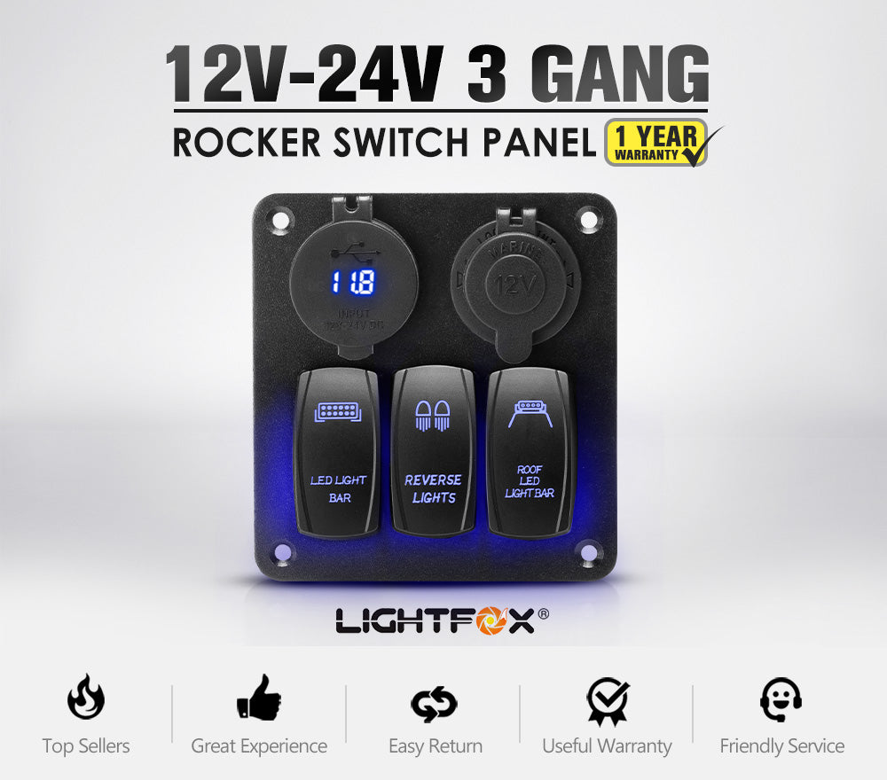3 Gang Rocker Switch Panel ON-OFF Toggle Voltmeter 12V 24V