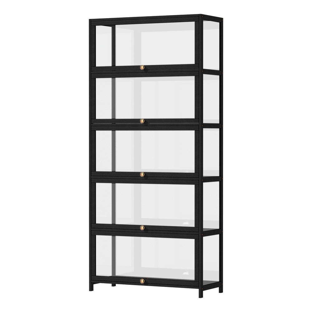 Oikiture Display Cabinet Storage 5-Tier Shelves Clear Bookcase Stand Rack Black