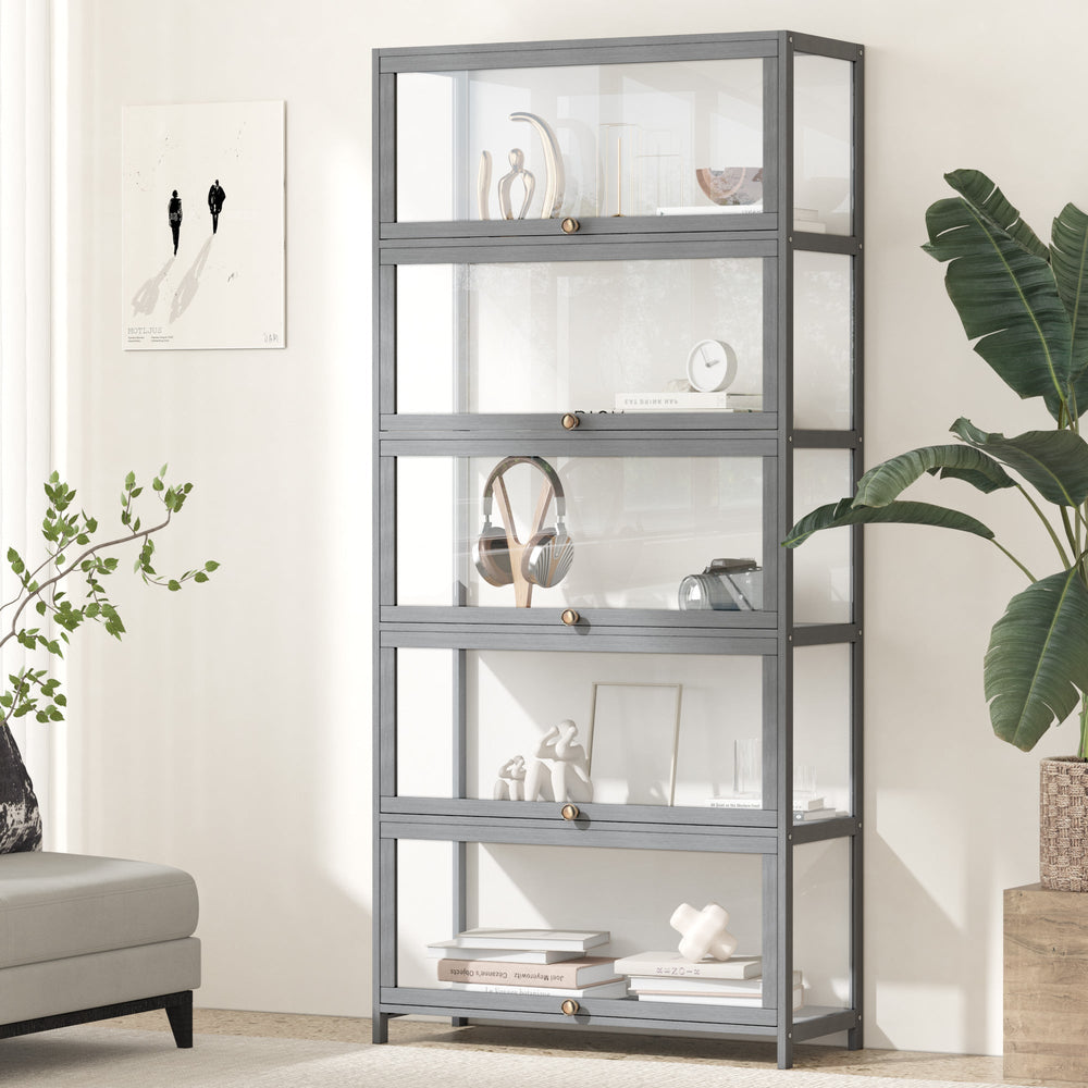 OIKITURE 5 Tier Display Storage Cabinet with Magnetic Closure Door,Hallway Shelves Cabinet for Living Room Dining Room