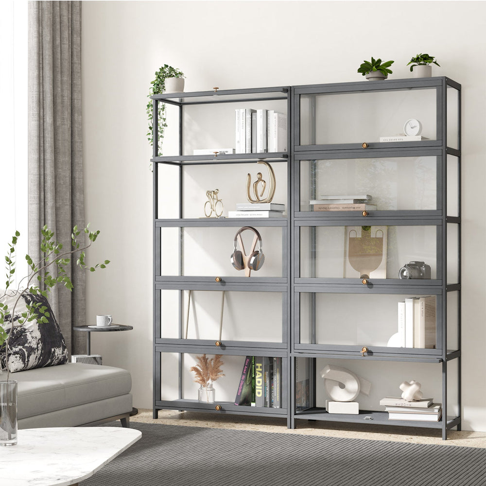 OIKITURE 5 Tier Display Storage Cabinet with Magnetic Closure Door,Hallway Shelves Cabinet for Living Room Dining Room