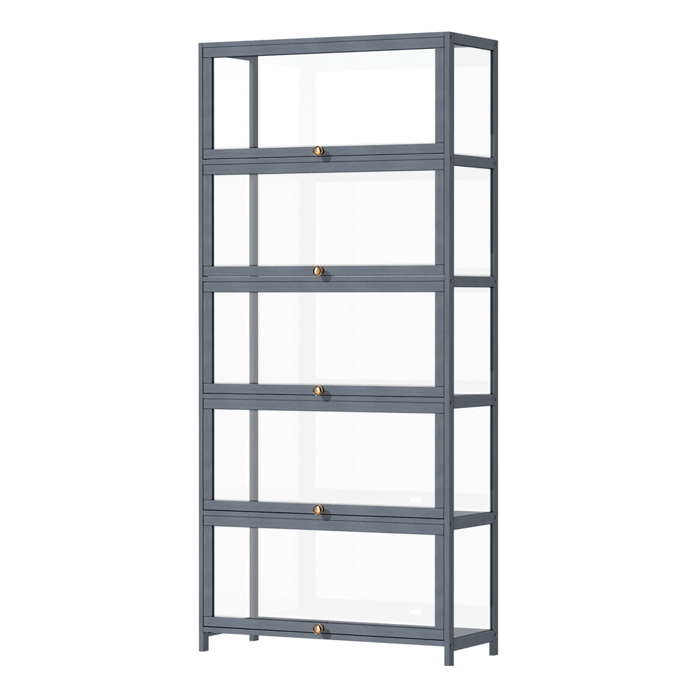 Oikiture Display Cabinet Storage 5-Tier Shelves Clear Bookcase Stand Rack Grey
