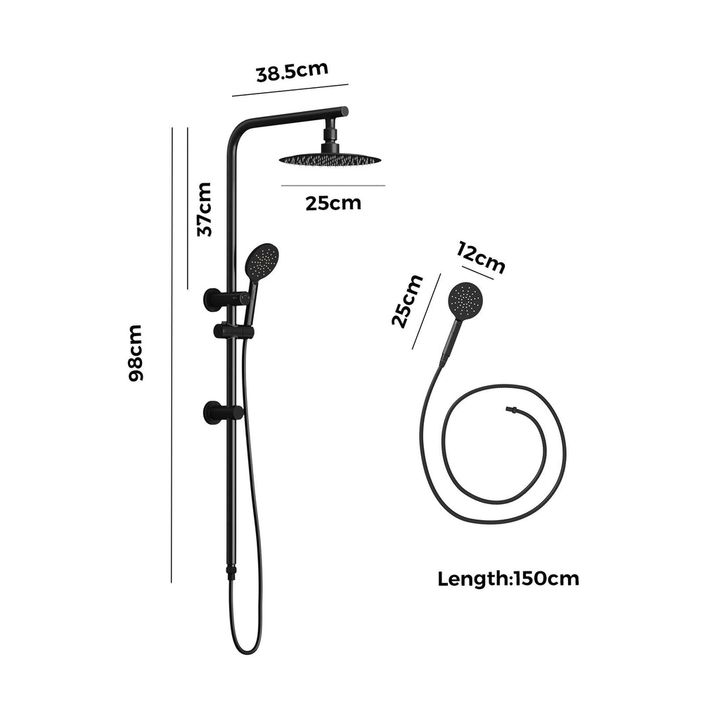 Welba 10&quot; Rain Shower Head Set Round 3-Mode Handheld Shower Rail Set Black