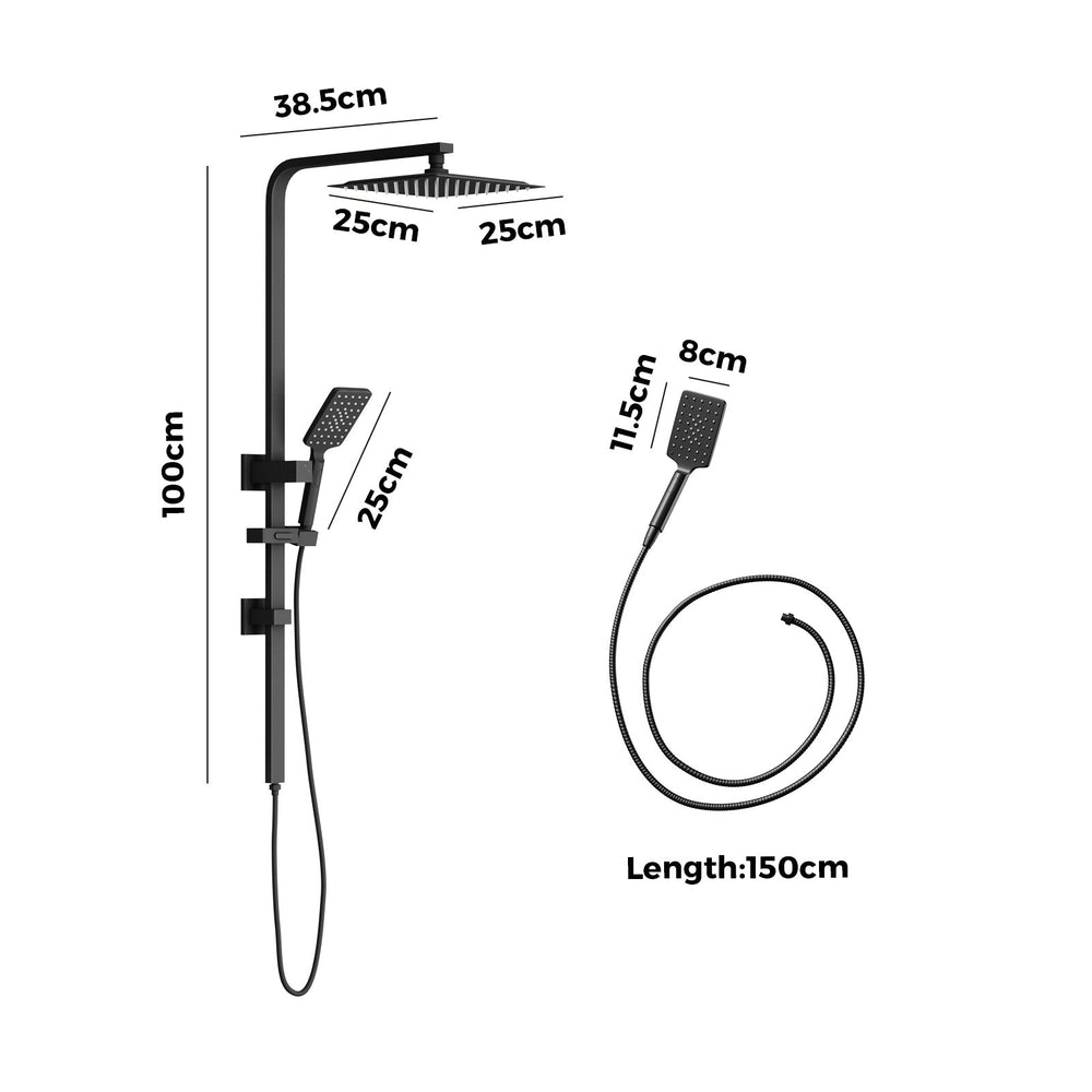 Welba 10&quot; Rain Shower Head Set Square 3-Mode Handheld Shower Rail Set Black