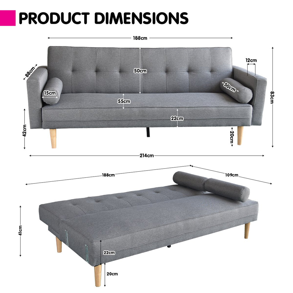 Sarantino Aria 3-Seater Linen Sofa Bed with Bolsters - Light Grey