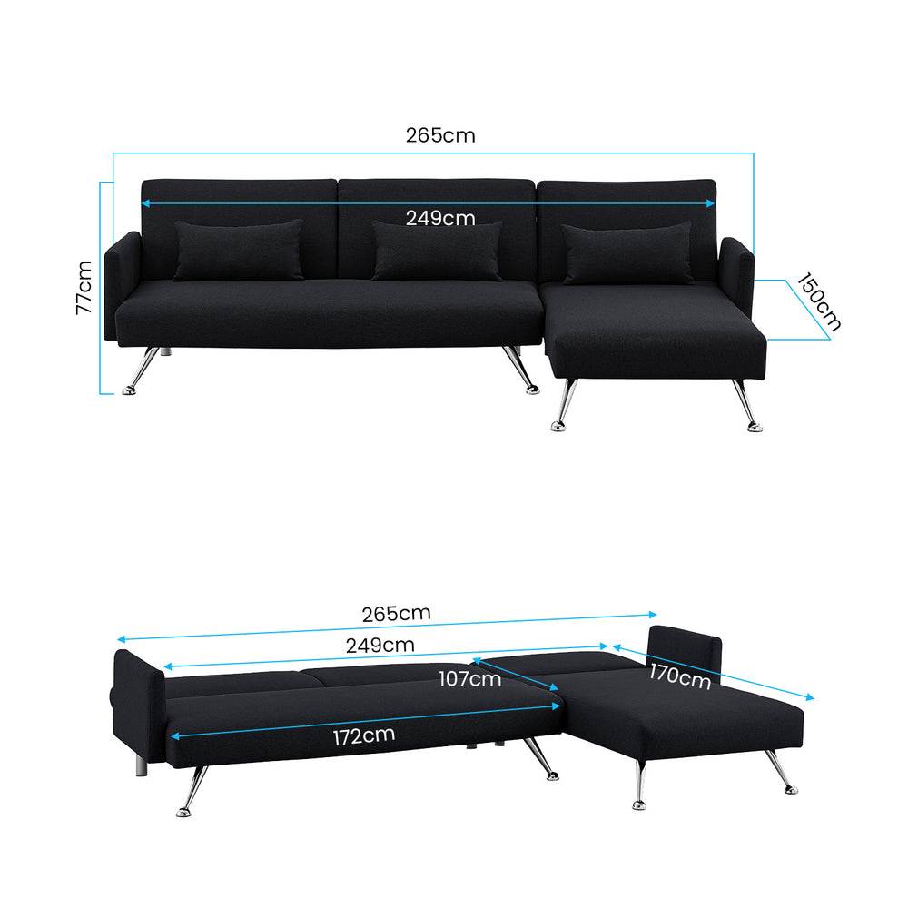 Sarantino Mia 3-Seater Corner Sofa Bed with Chaise Lounge  - Black