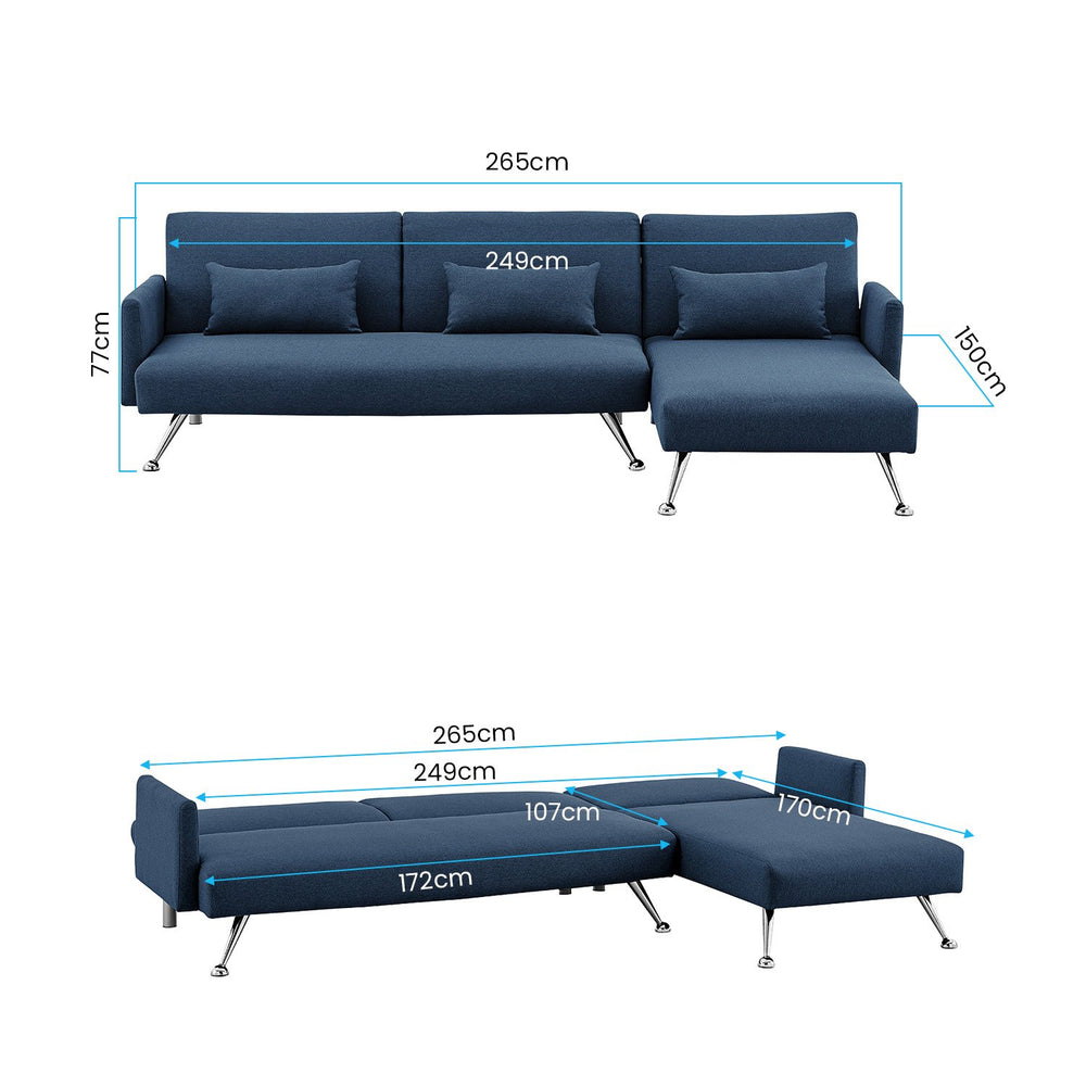 Sarantino Mia 3-Seater Corner Sofa Bed with Chaise Lounge - Blue