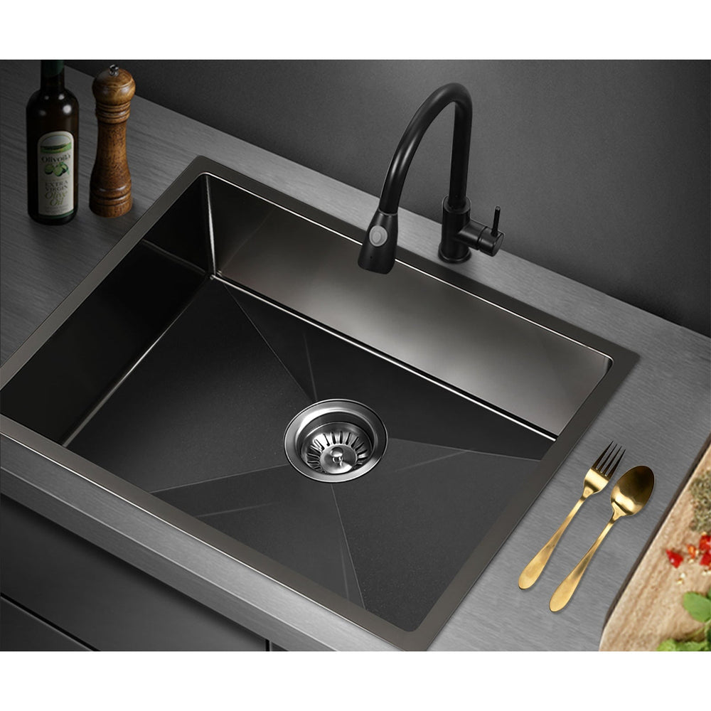Welba Kitchen Sink Stainless Steel Bathroom Laundry Basin Single Black 60X45CM