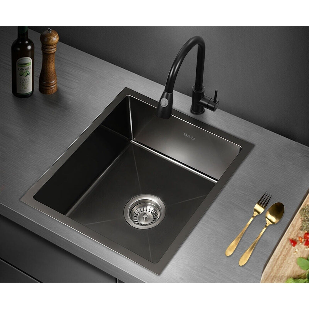 Welba Kitchen Sink 44X38CM Stainless Steel Single Bowl Basin With Waste Black