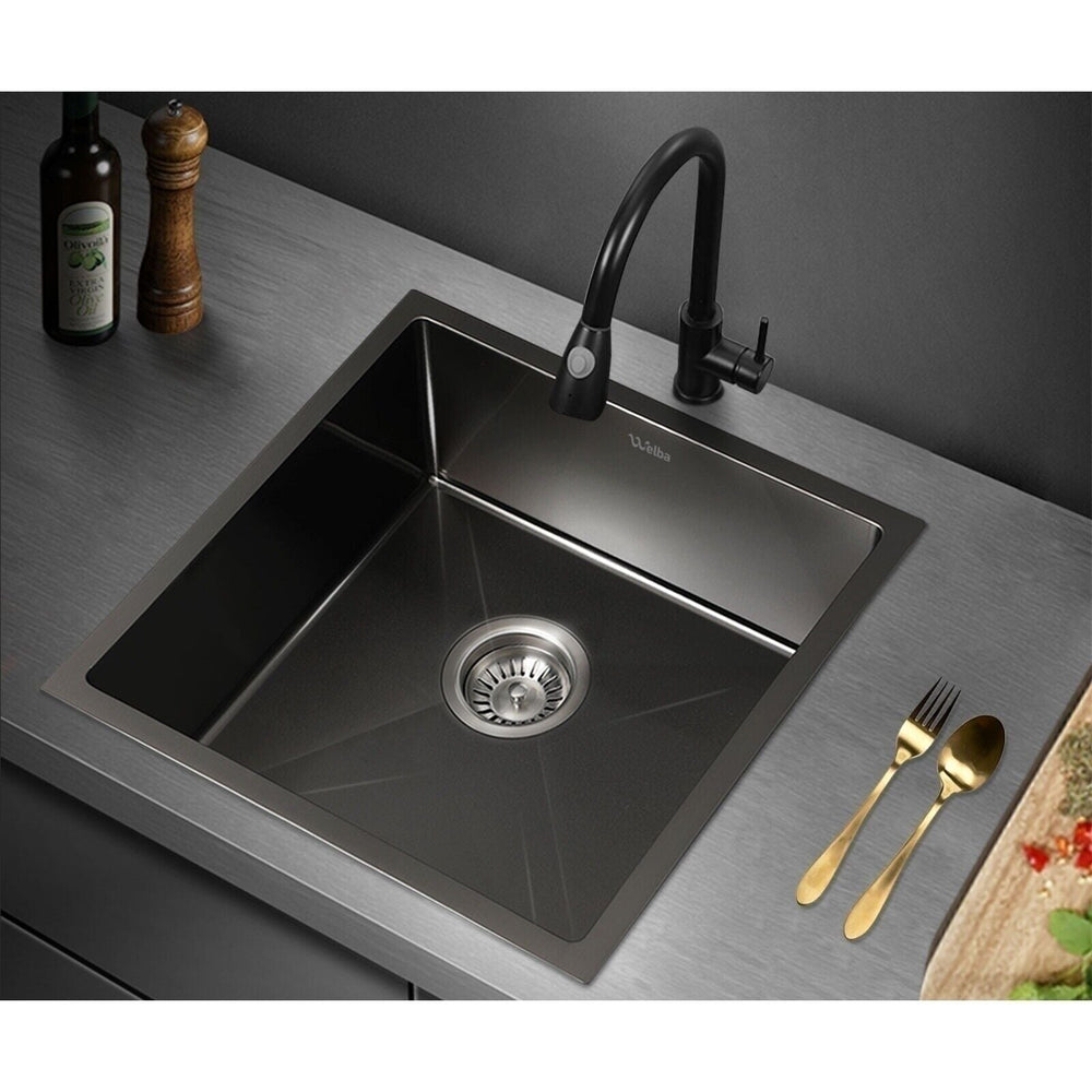 Welba Kitchen Sink 44X44CM Stainless Steel Single Bowl Basin With Waste Black