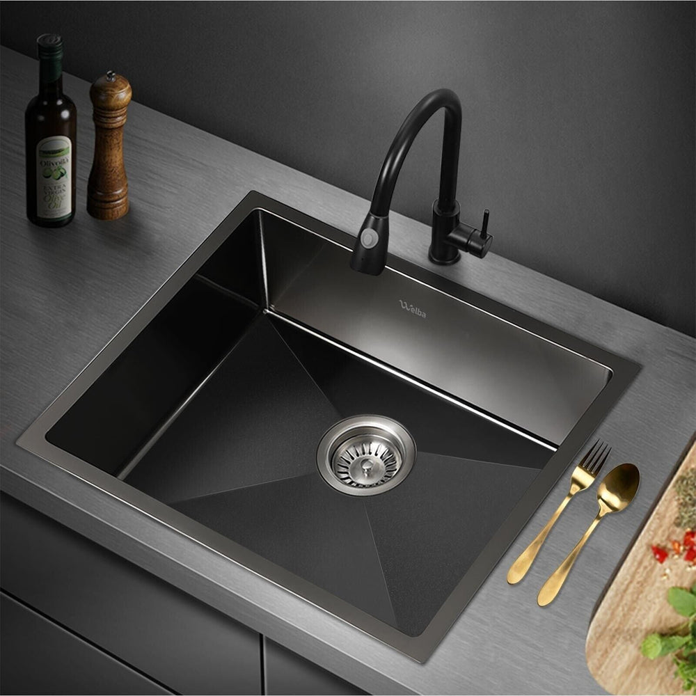 Welba Kitchen Sink 58X44CM Stainless Steel Single Bowl Basin With Waste Black