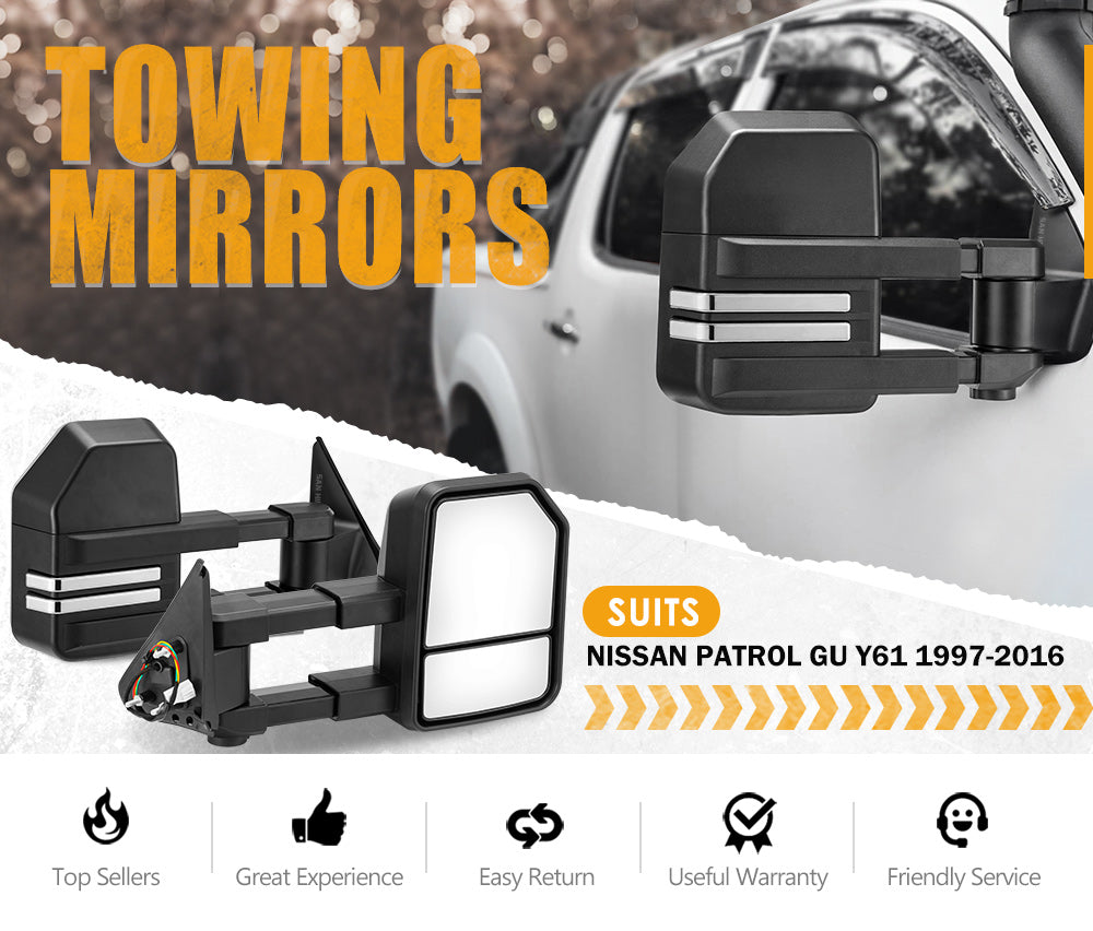 San Hima Extendable Towing Mirrors fit NISSAN PATROL GU/Y61 1997-2016 Black
