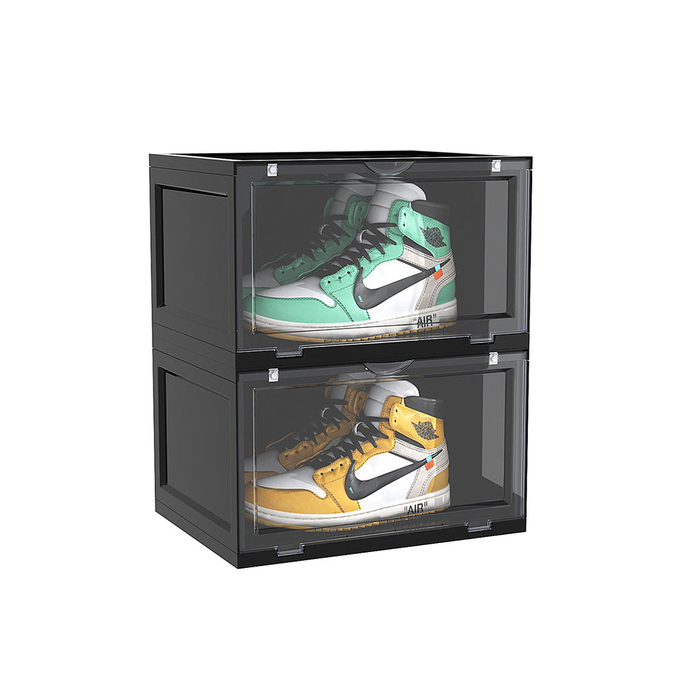 SOGA 2 Tier Black Portable Shoe Organiser Sneaker Footwear Folding Plastic Bin Stackable Storage Box with Magnetic Door