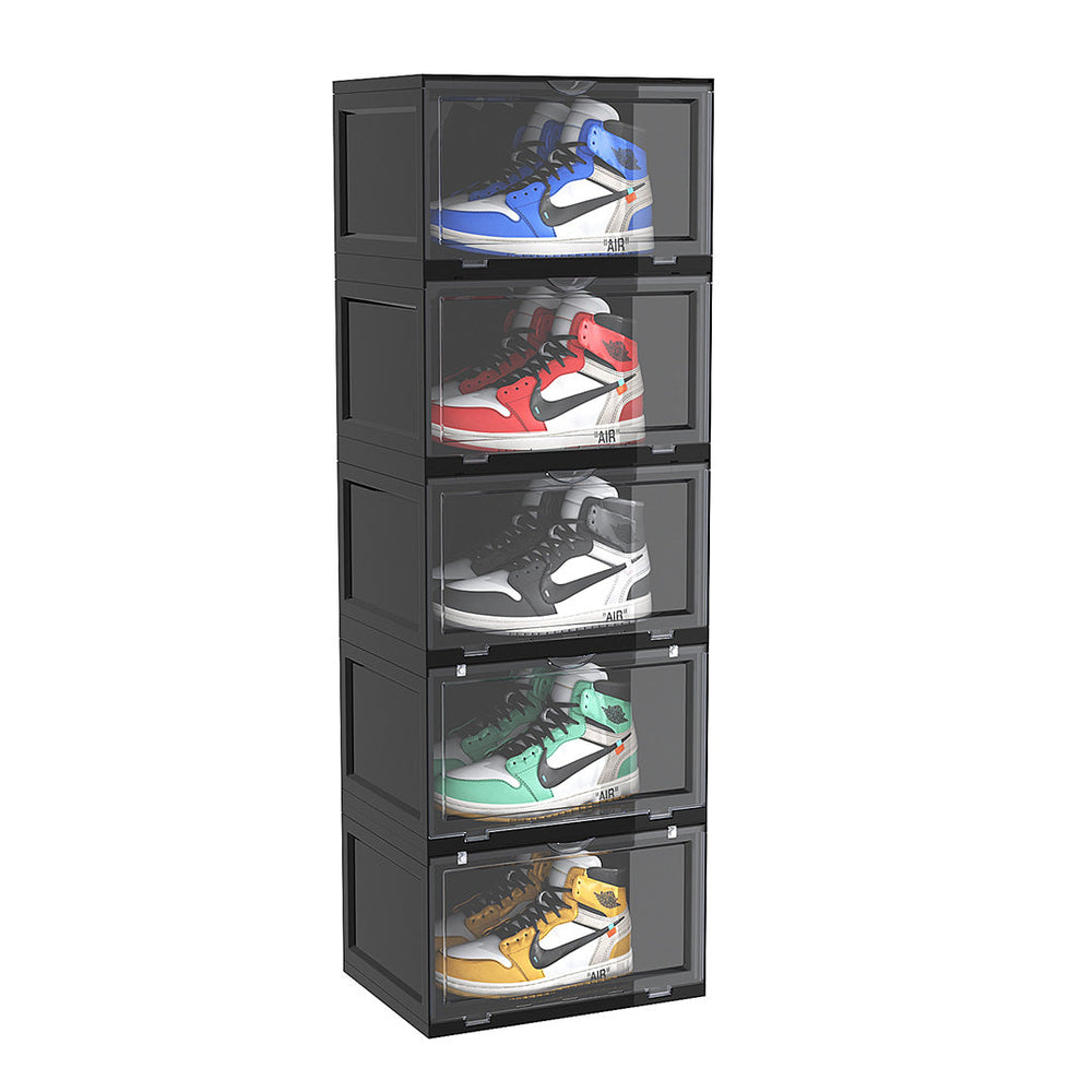 SOGA 5 Tier Black Portable Shoe Organiser Sneaker Footwear Folding Plastic Bin Stackable Storage Box with Magnetic Door